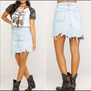 Free People We the Free light denim jean midi a line skirt distressed size 24